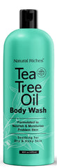 Natural Riches Tea Tree Body Wash bottle front highlights all-skin gentle cleansing.