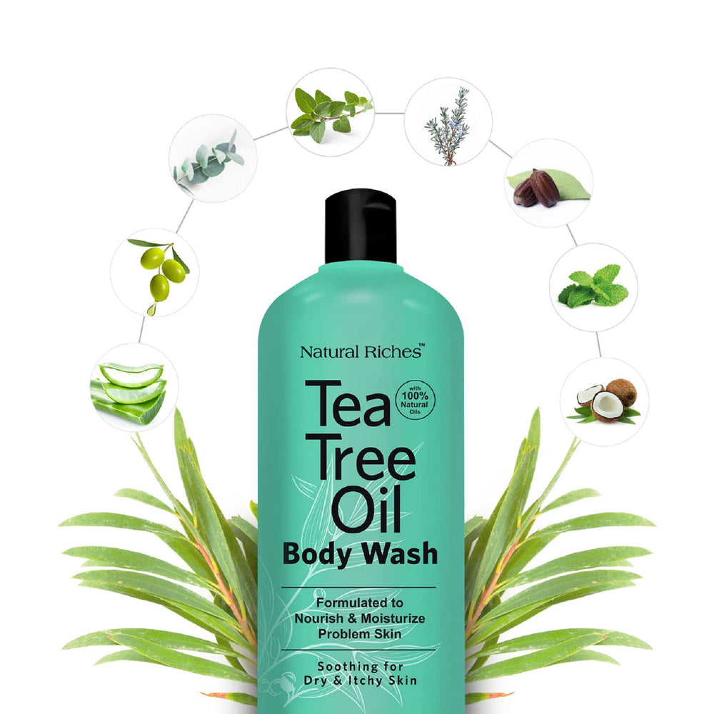 Natural Riches Tea Tree Body Wash bottle side highlights 2x16 oz size for home or travel.