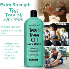 Natural Riches Tea Tree Body Wash ingredients close-up emphasizes nourishing oil blend.