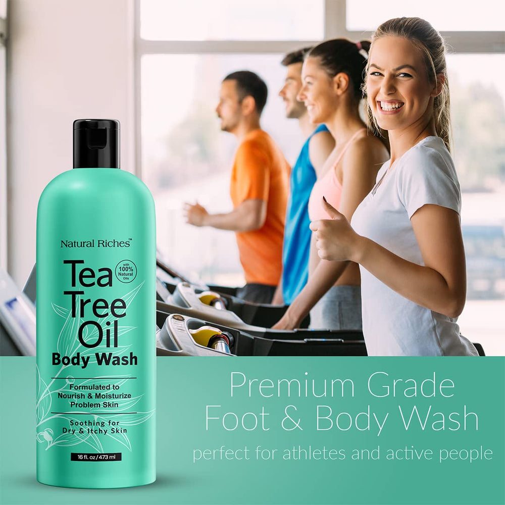 Natural Riches Tea Tree Body Wash gym scene showcases daily cleansing after workouts.