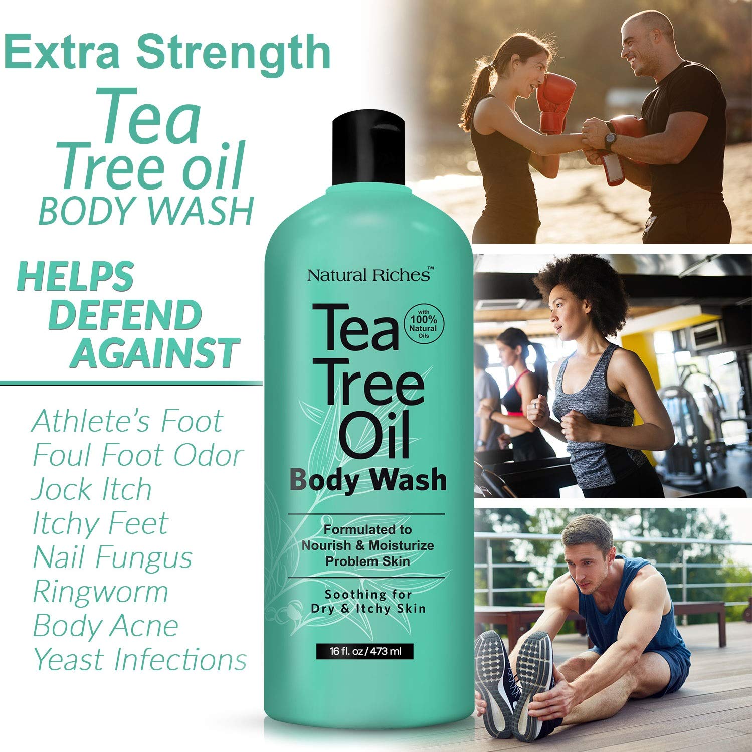 Natural Riches Tea Tree Body Wash ingredients blend showcases aloe and tea tree for refreshed skin.