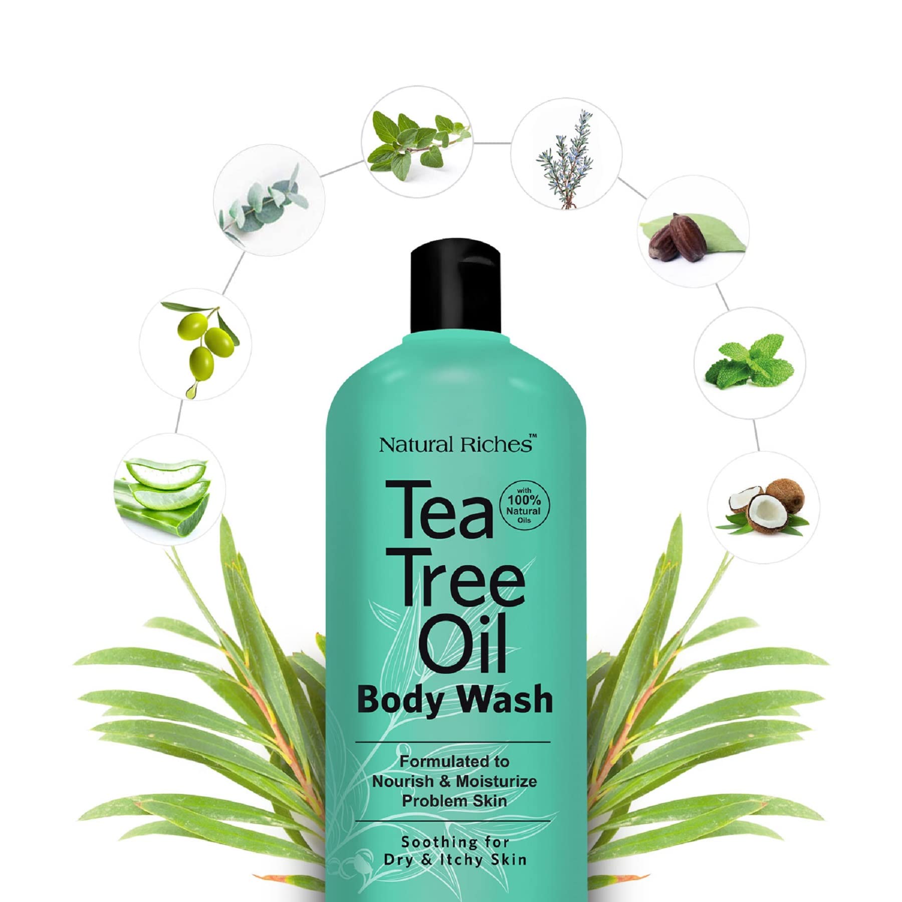Natural Riches Tea Tree Body Wash label closeup emphasizes natural oils for gentle cleansing.