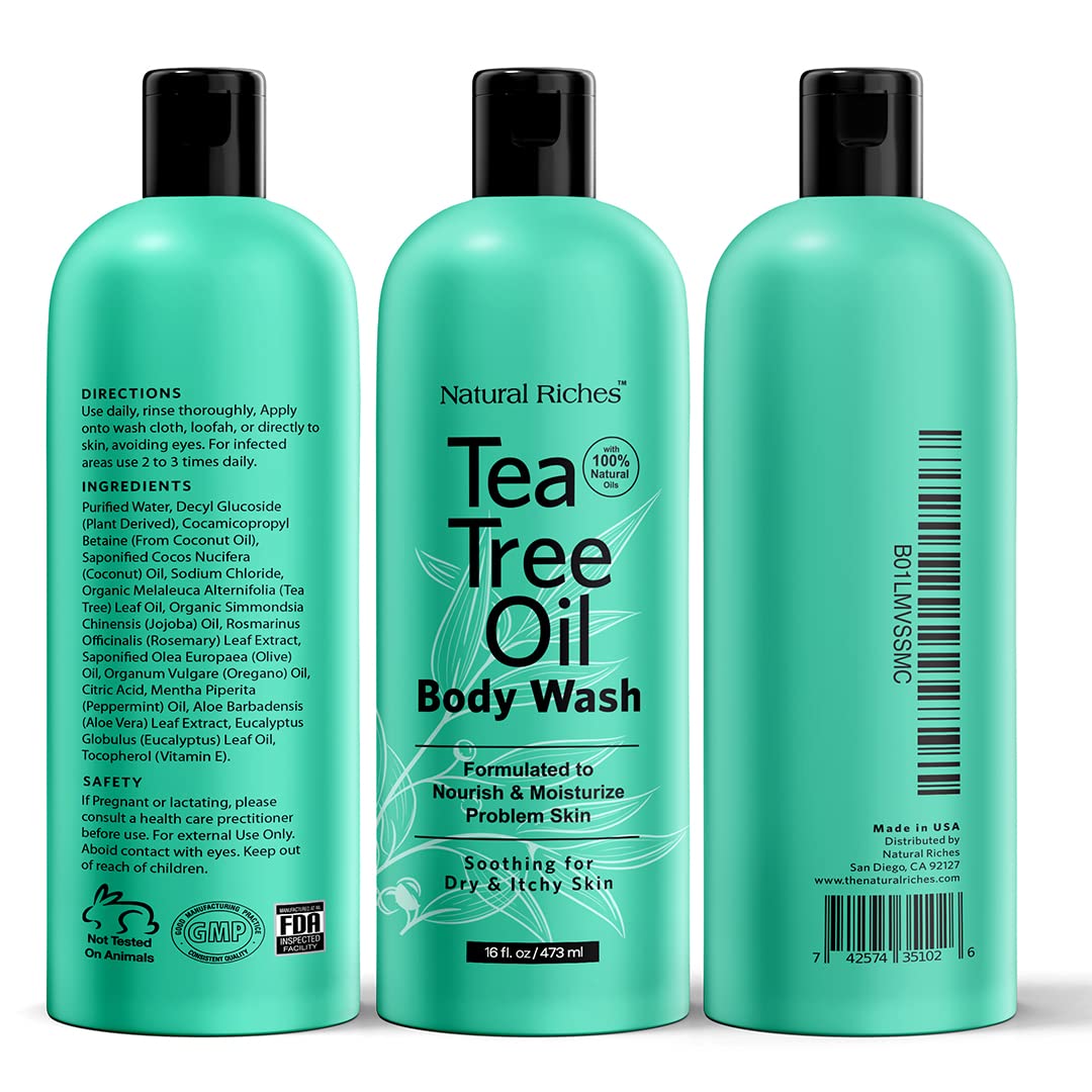 Natural Riches Tea Tree Body Wash recyclable packaging communicates eco-conscious choices.