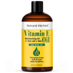 Natural Riches Vitamin E Oil bottle closeup for skin nourishment and protection