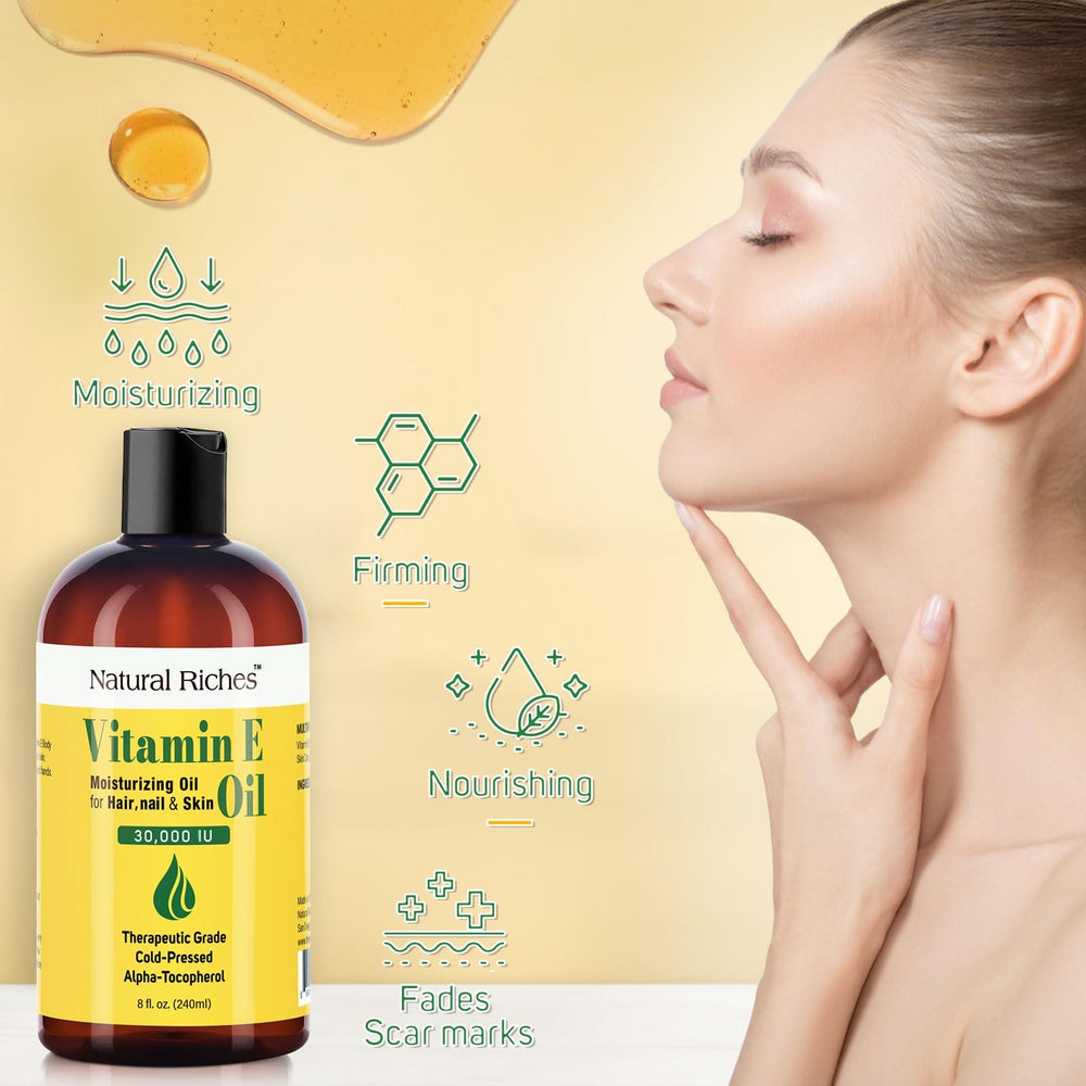 Natural Riches Vitamin E Oil bottle ready for soothing skin care routines.