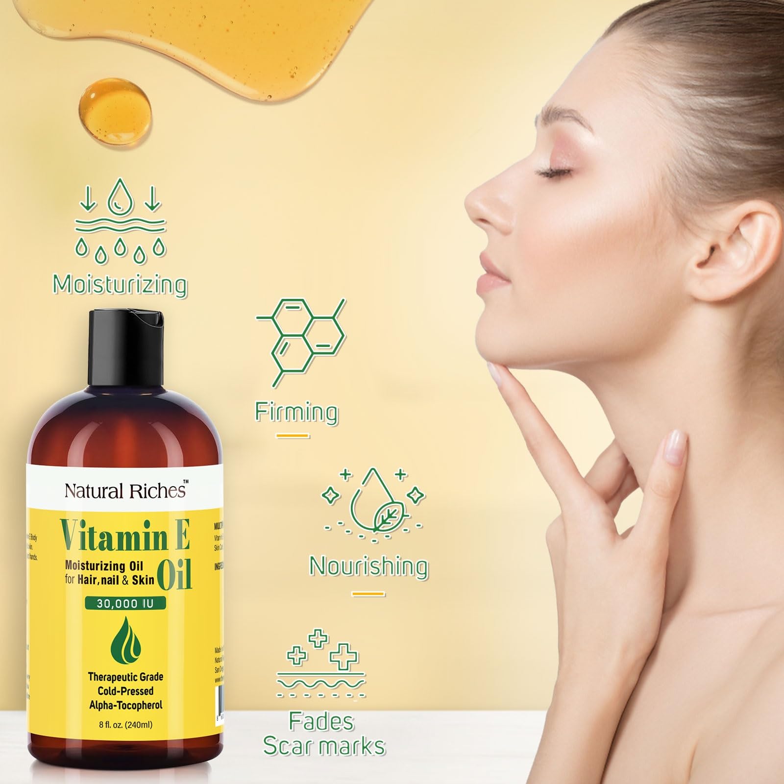 Natural Riches Vitamin E Oil on scalp for soothing, nourished hair