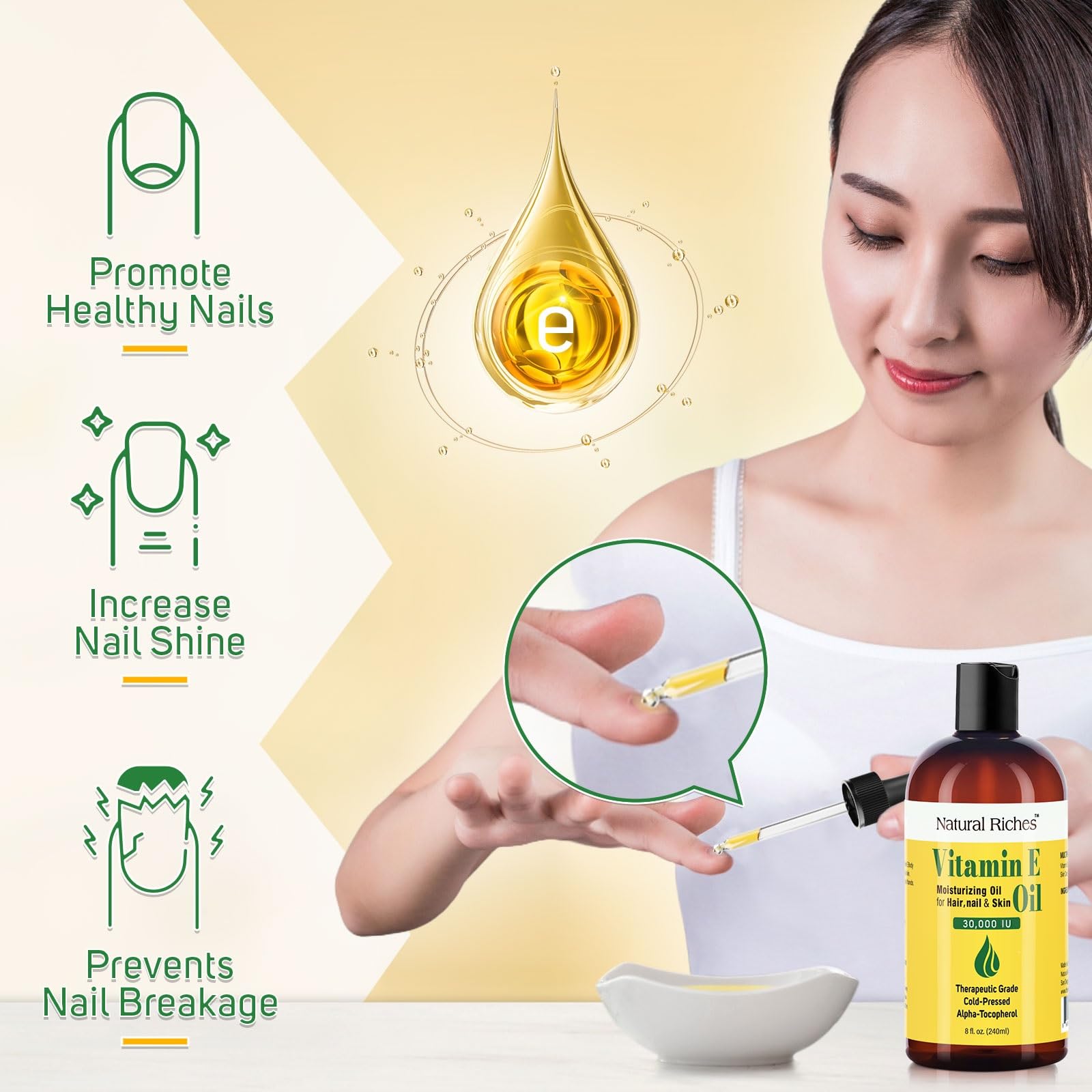 Natural Riches Vitamin E Oil on nails and cuticles for nourishing care.