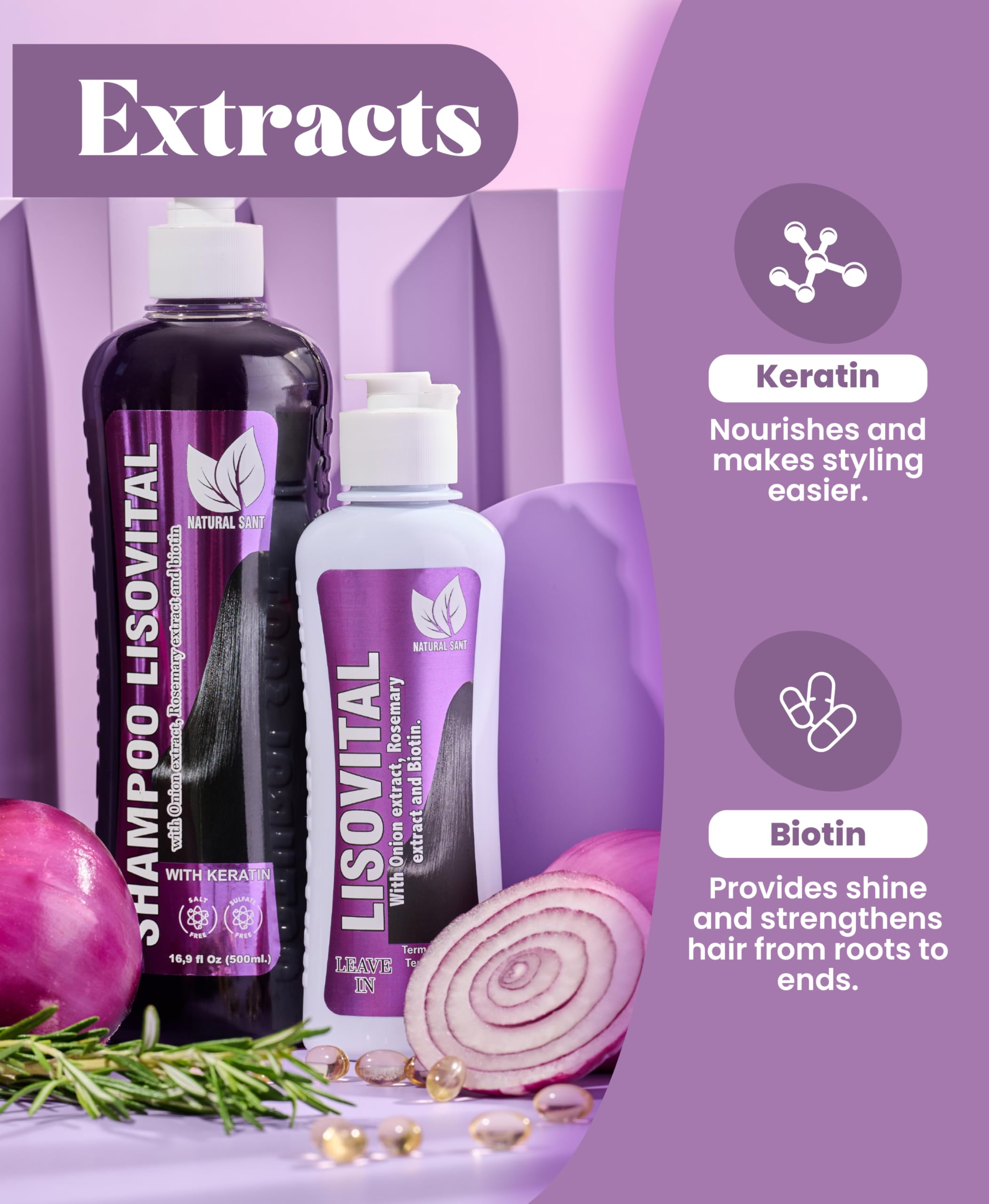 Natural Sant Liso Vital red onion and rosemary extracts for nourished strands