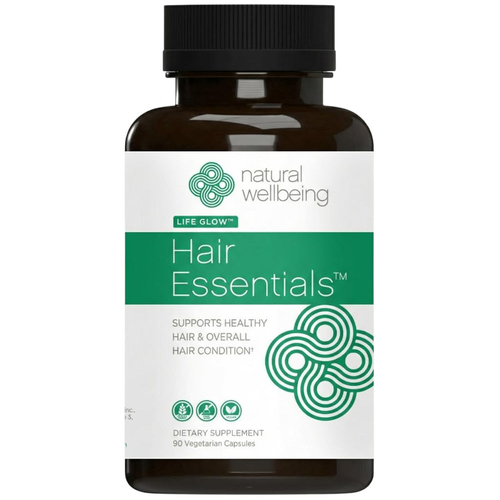 Natural Wellbeing Hair Essentials bottle closeup showing capsules for hair support