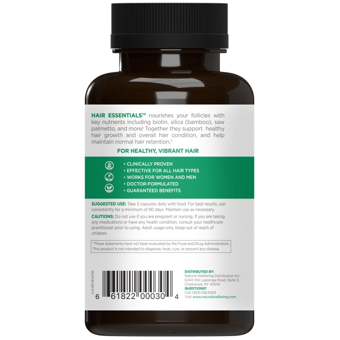 Natural Wellbeing Hair Essentials packaging and label highlighting gluten-free vegan formula