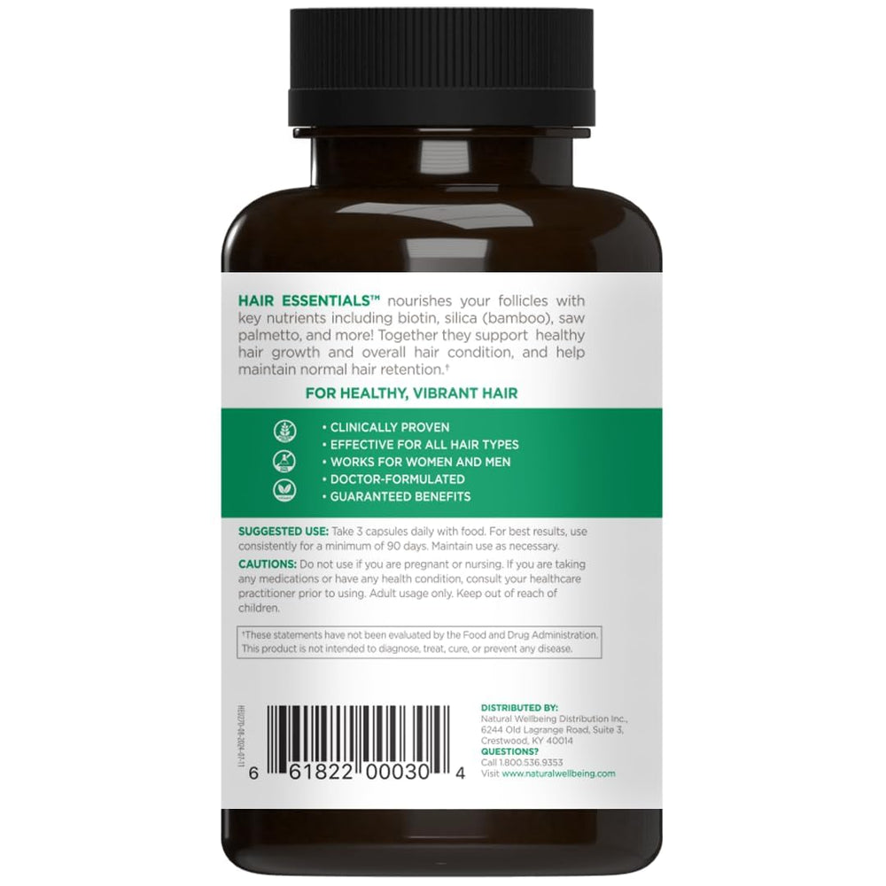 Natural Wellbeing Hair Essentials packaging and label highlighting gluten-free vegan formula