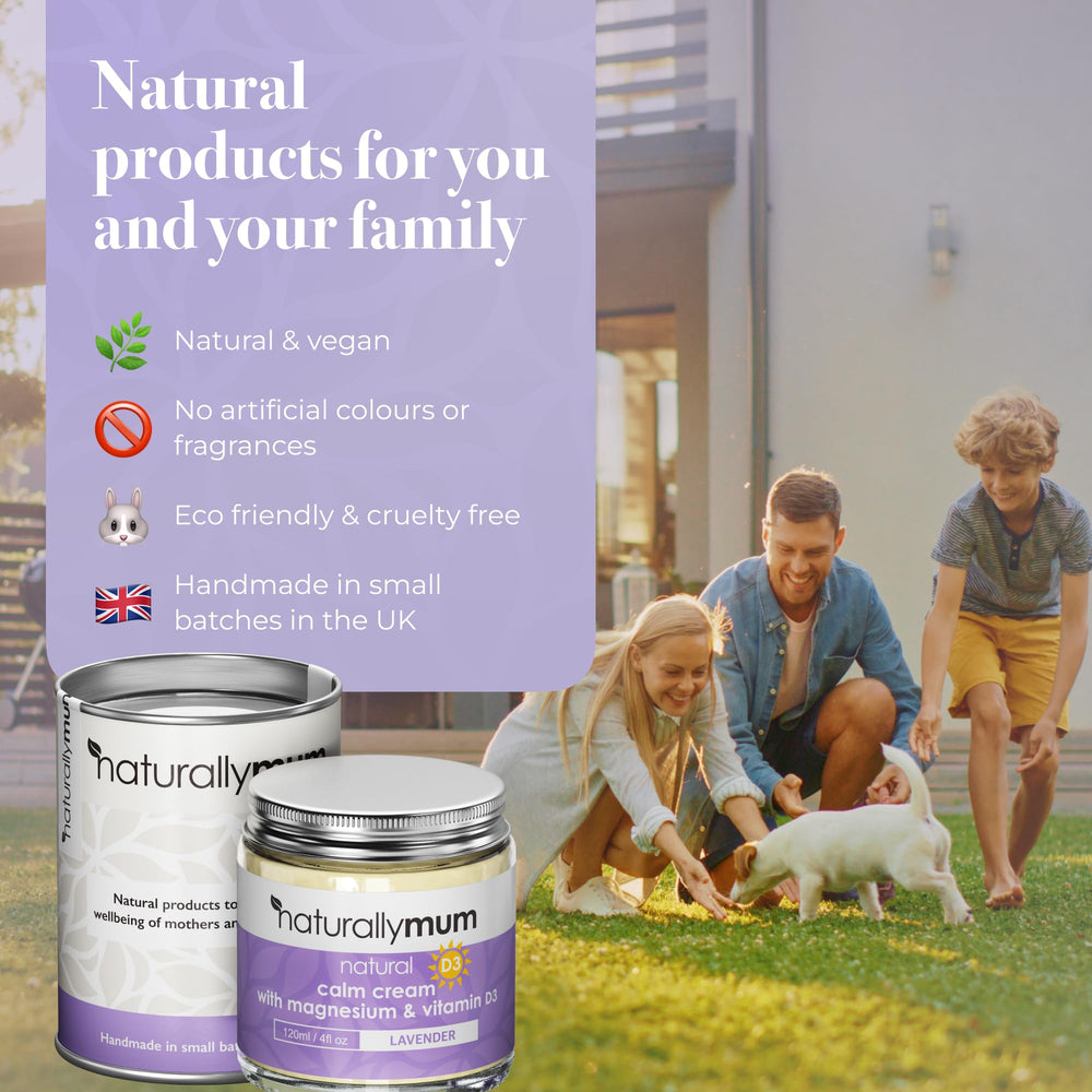NaturallyMum magnesium cream lavender swatch suggesting calming bedtime care