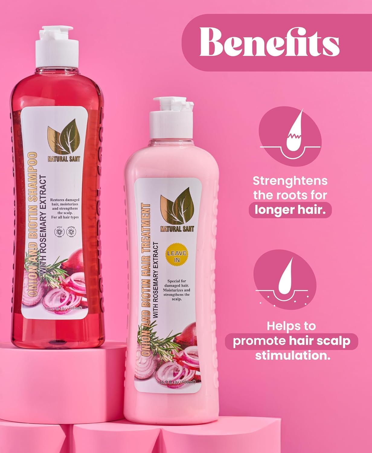 Natural Sant ingredients close-up featuring biotin, onion extract, and rosemary.