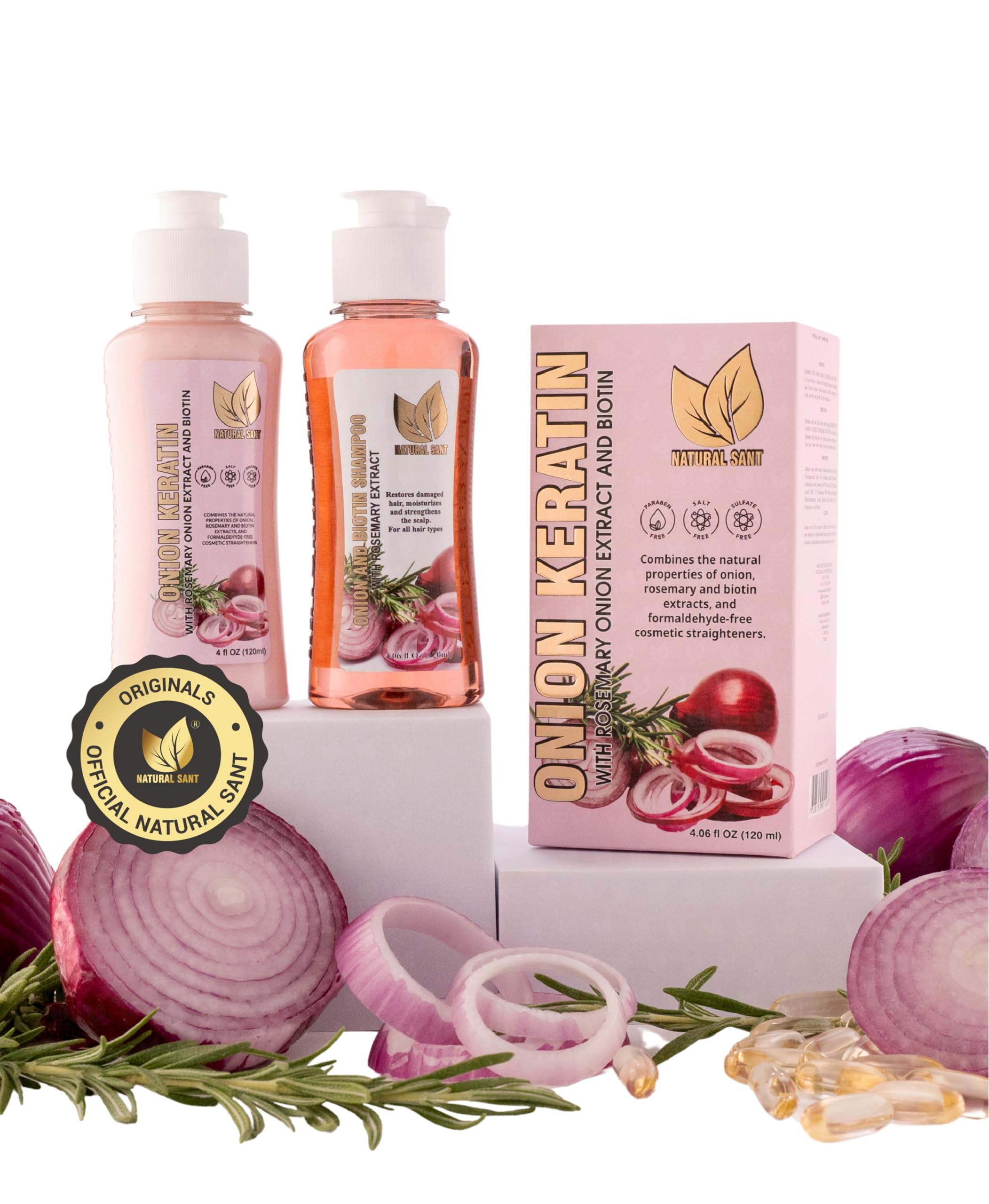 Natural Sant onion-keratin-duobox 120ml front view for smooth, long-lasting straight hair.