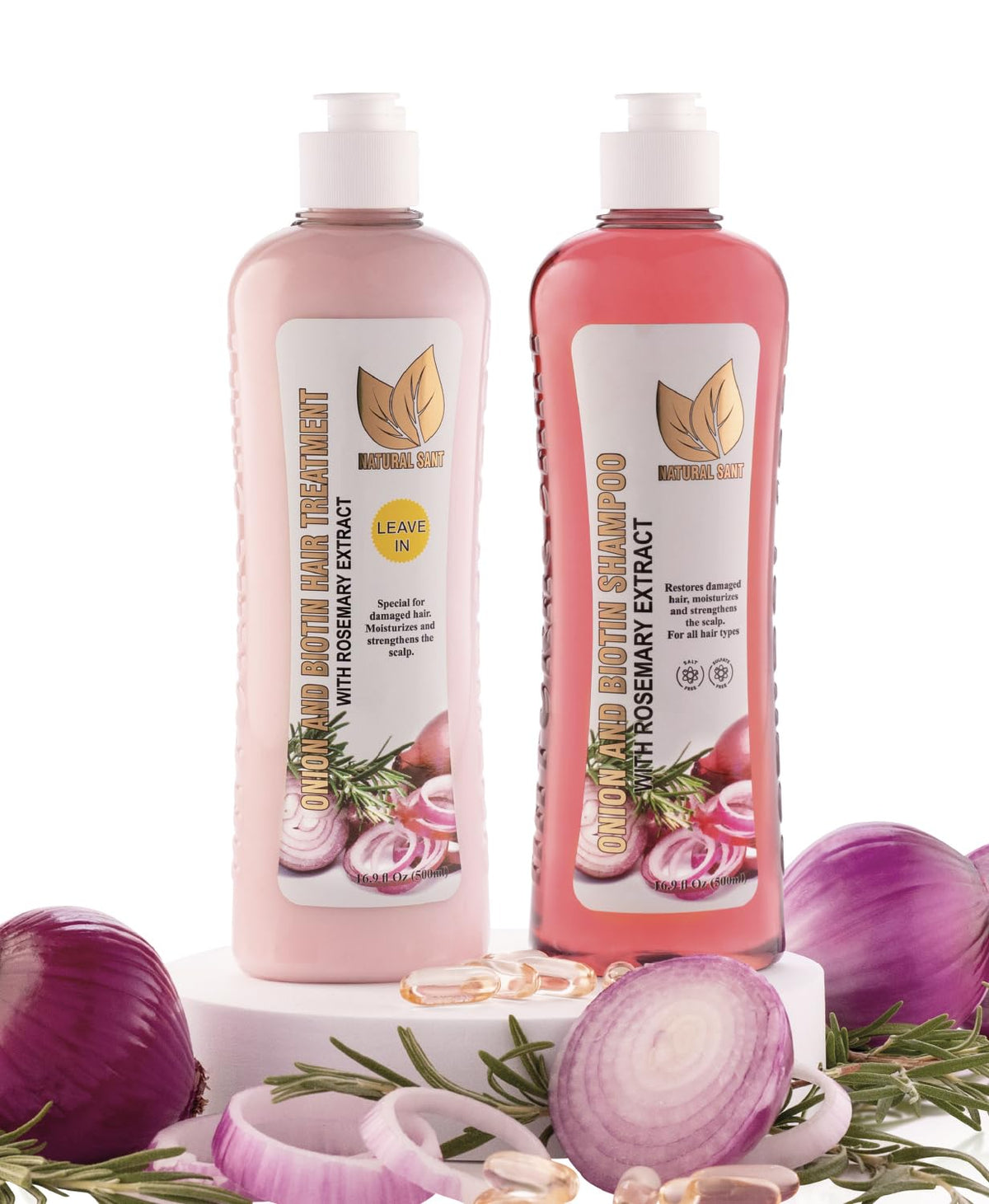 Natural Sant shampoo bottle with onion, biotin and rosemary for healthier-looking hair.