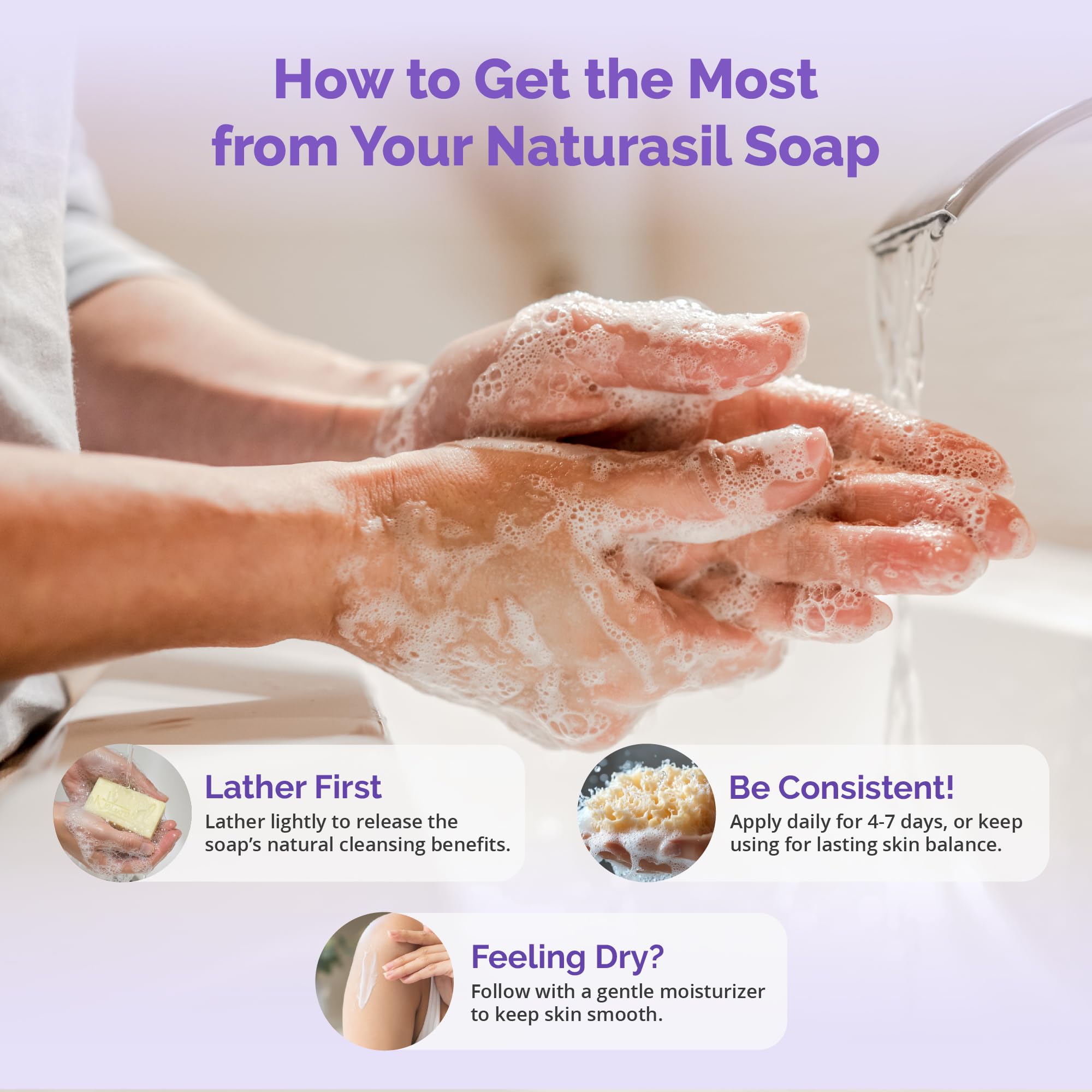 Naturasil sulfur lavender soap bar adults usage scene showing daily skin routine.