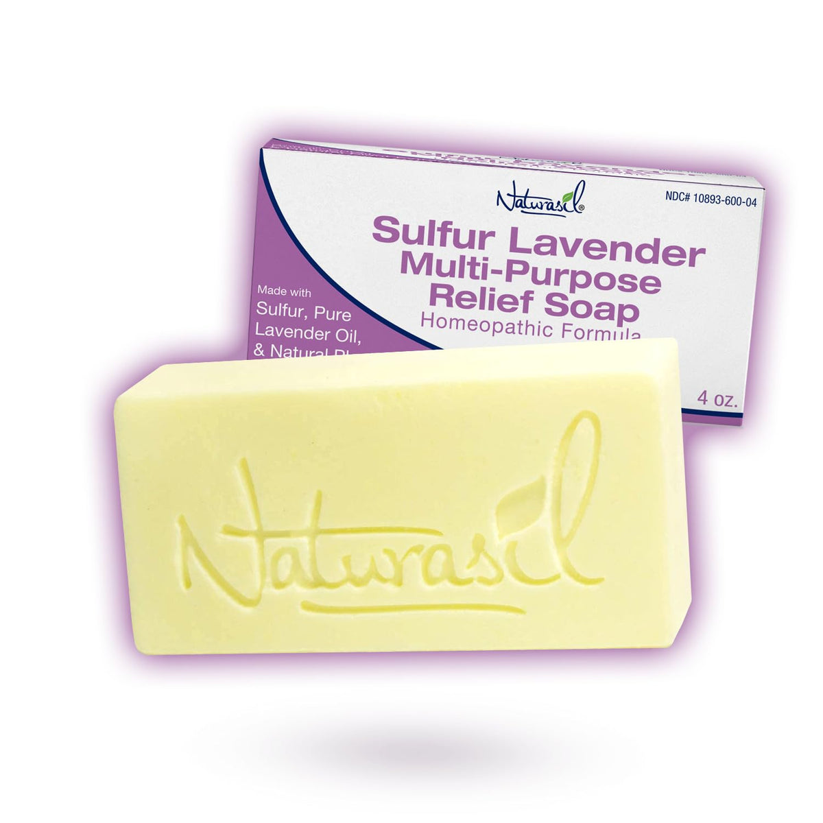 Naturasil sulfur lavender soap bar closeup highlighting sulfur texture for skin care.