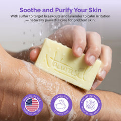 Naturasil sulfur soap lavender bar pack showing two 4oz bars for family use