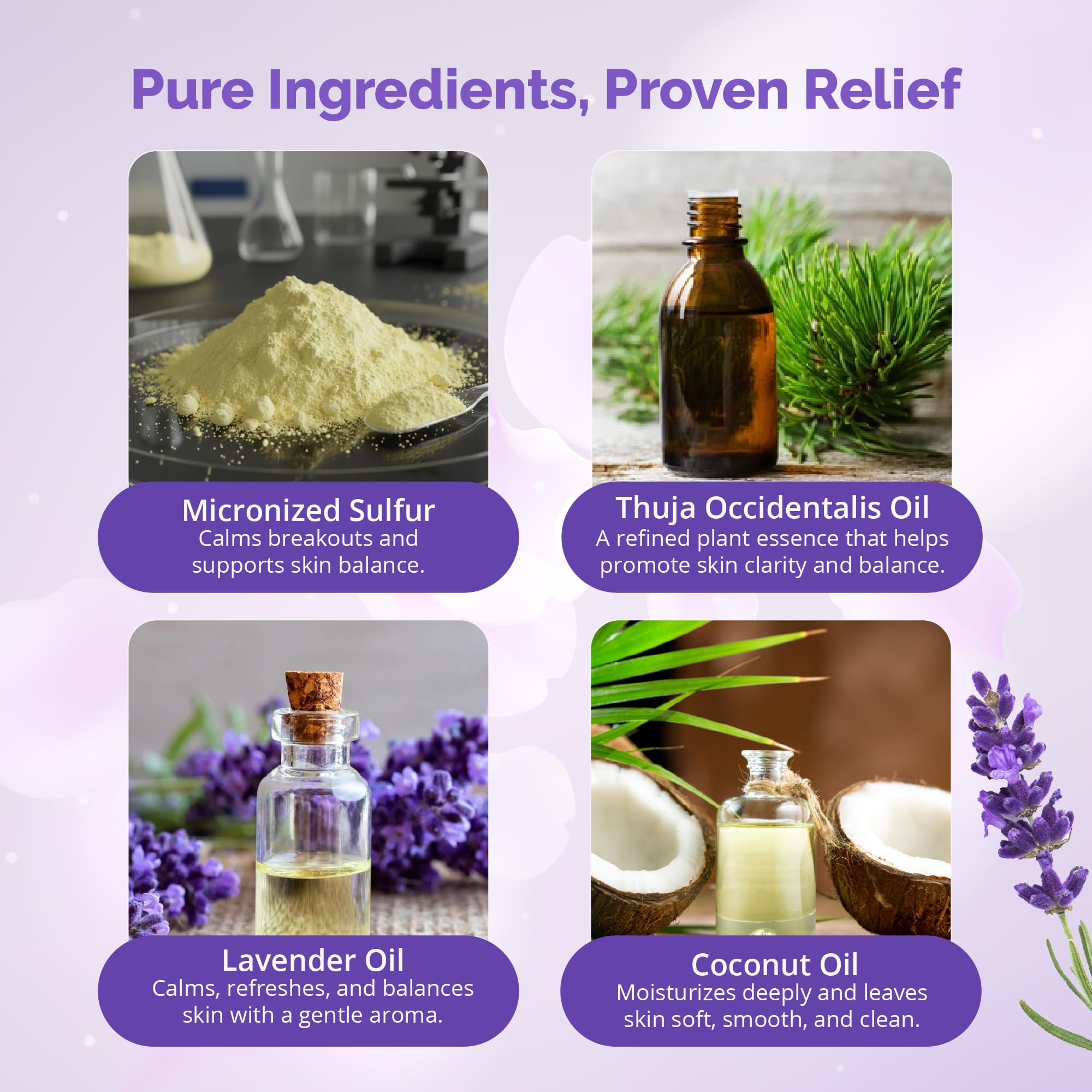 Naturasil sulfur soap lavender bottle beside the bar focusing on lavender scent and natural ingredients