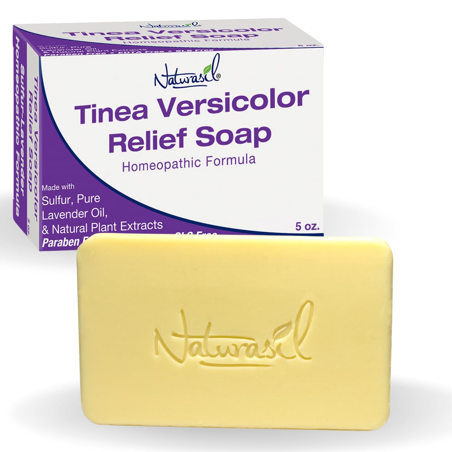 Naturasil Tinea Versicolor Soap 5oz packaging promotes safe, natural skin care.