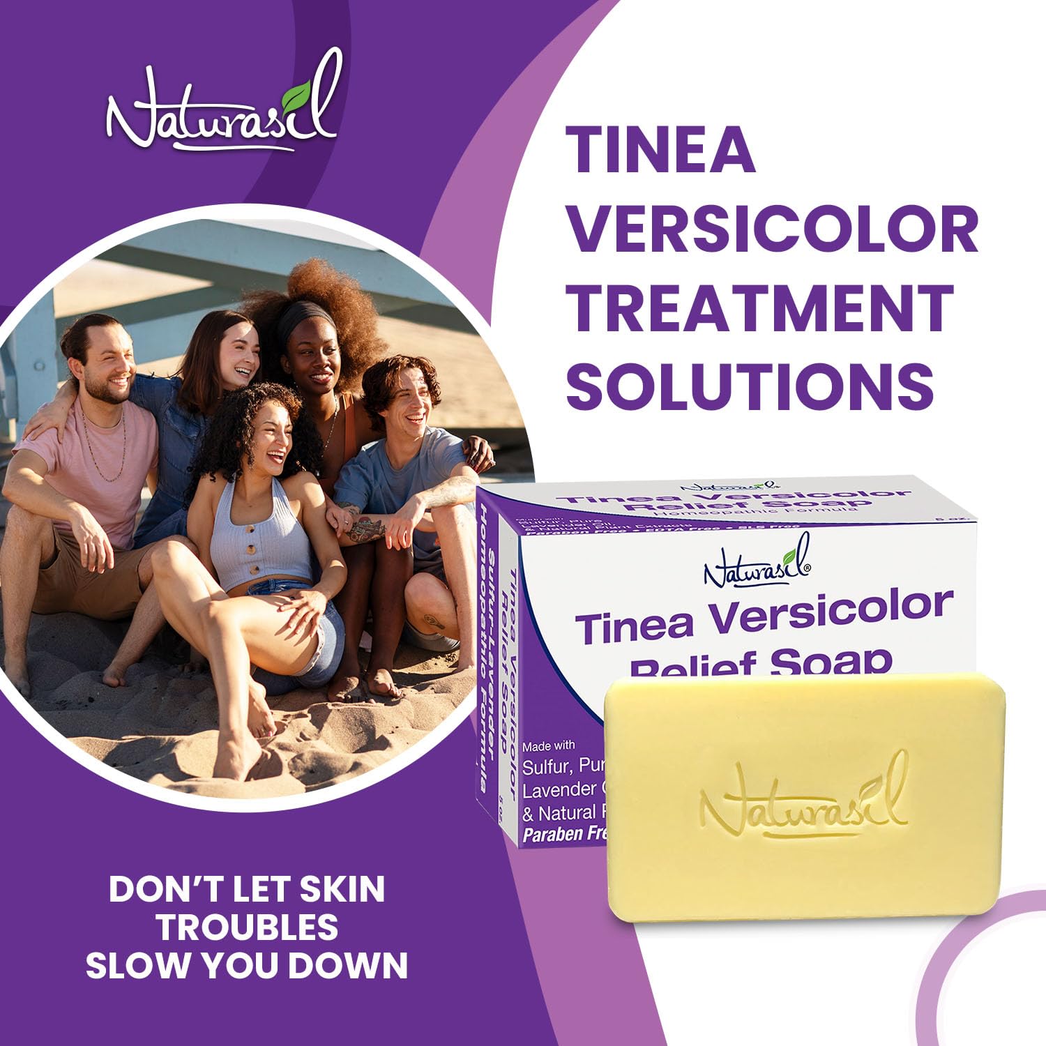 Naturasil Tinea Versicolor Soap packaging label communicates American-made quality.