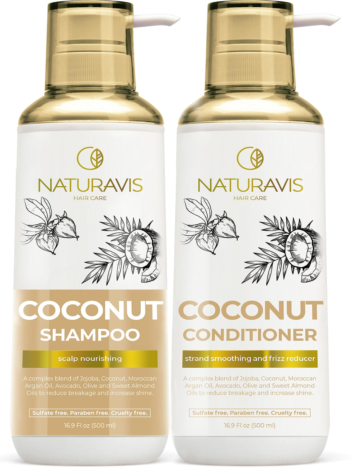 NATURAVIS coconut shampoo bottle with rich hydration for dry, frizzy hair.
