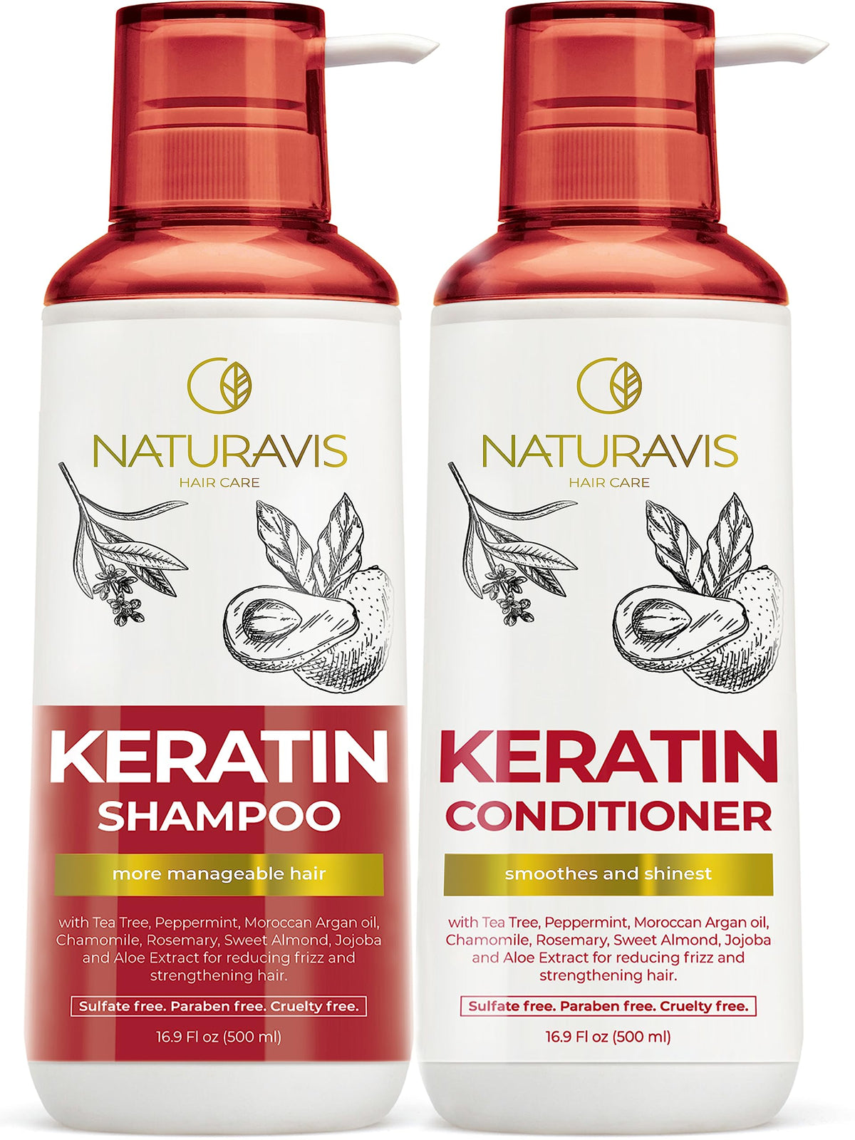 NATURAVIS Keratin Shampoo bottle close-up highlighting frizz control and color-safe cleansing.