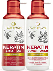 NATURAVIS Keratin Shampoo bottle close-up highlighting frizz control and color-safe cleansing.