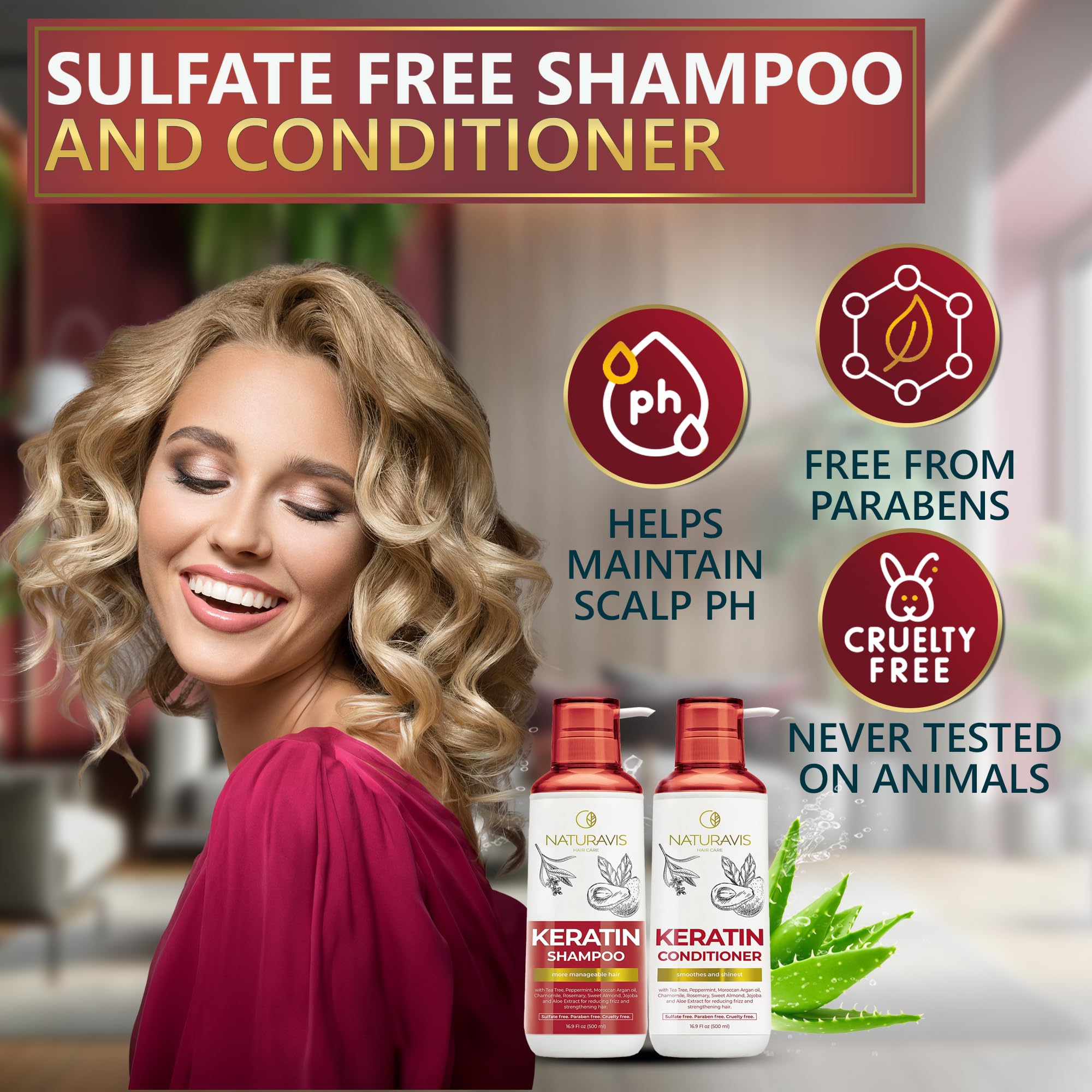NATURAVIS Shampoo and Conditioner packaging on a clean counter—sulfate-free daily-care for all.