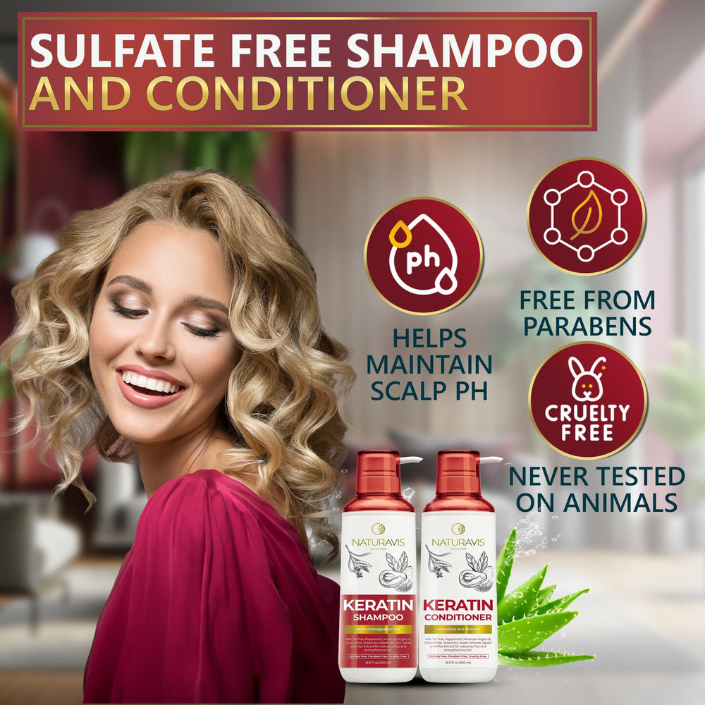NATURAVIS Shampoo and Conditioner packaging on a clean counter—sulfate-free daily-care for all.