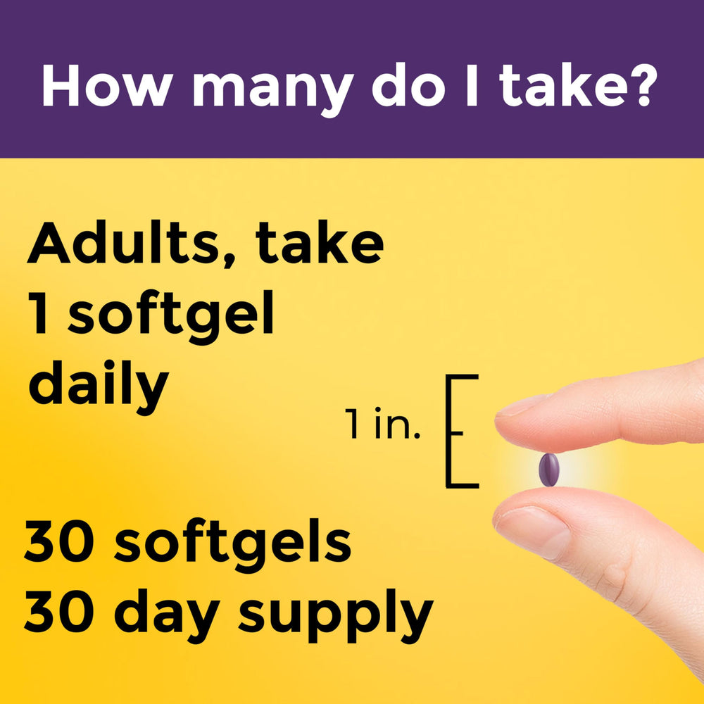 Nature Made bottle open with softgels spilled to show 30-count supply