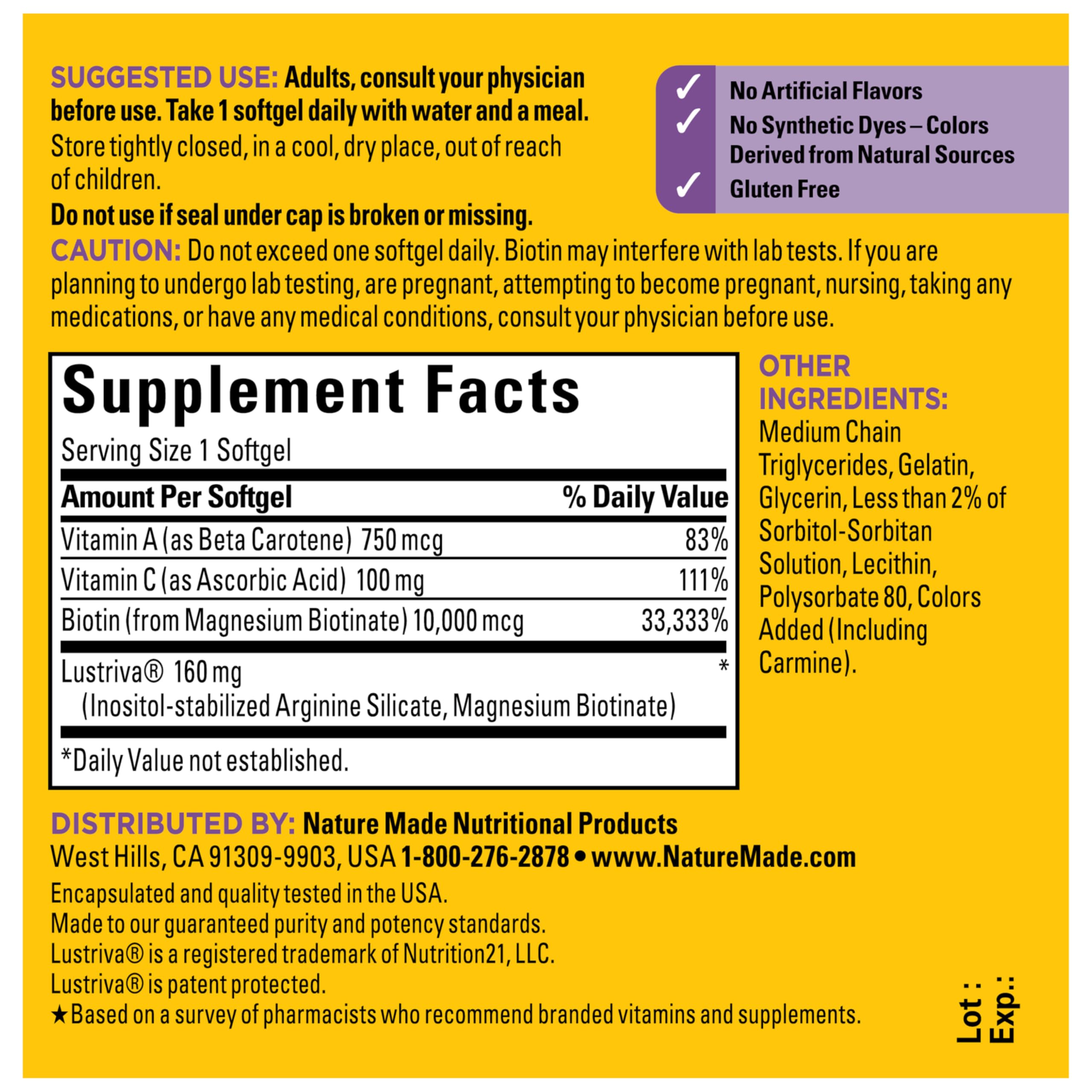 Nature Made bottle side view focusing on ingredient concentrations and safety