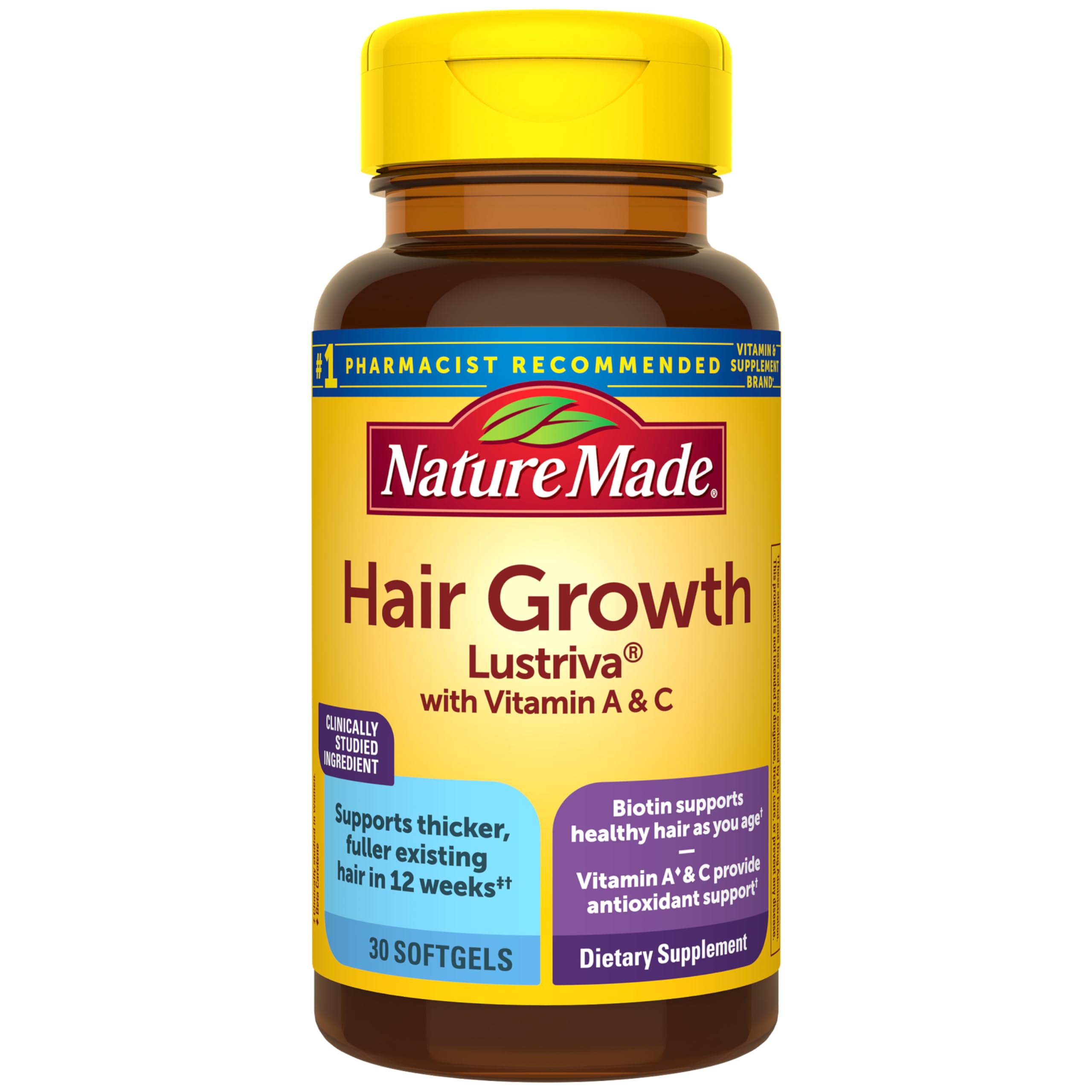 Nature Made front packaging showing product benefits and 30-count supply