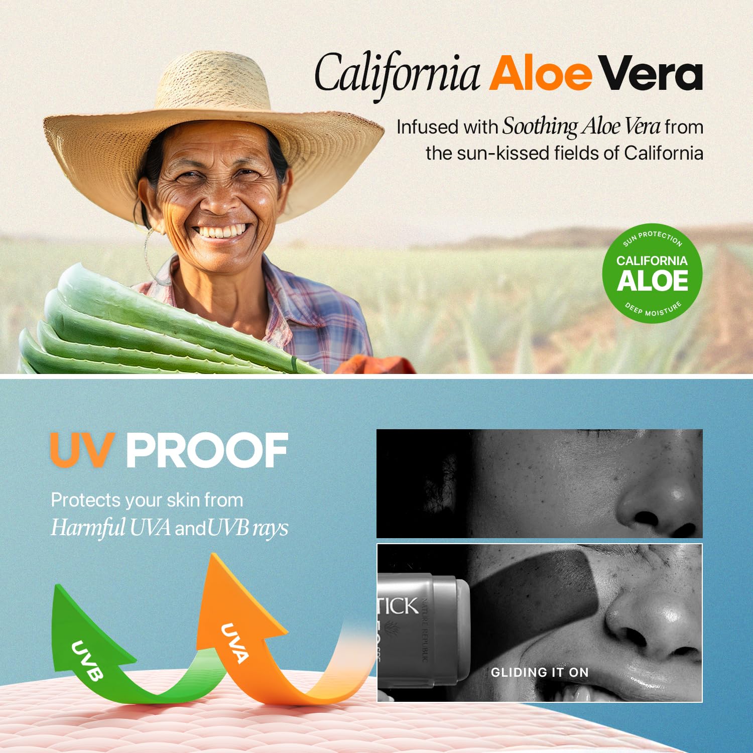 Nature Republic California Aloe Sun Stick infused with California aloe for skin comfort