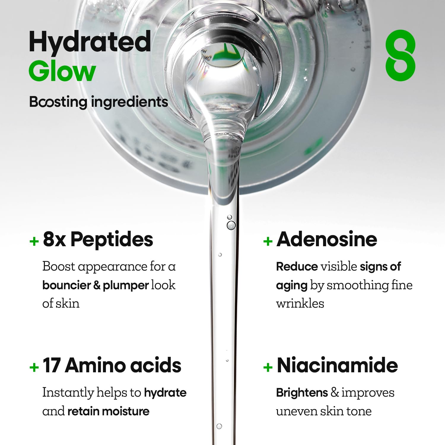 Serum applied to cheek showing hydrated, plump-looking skin