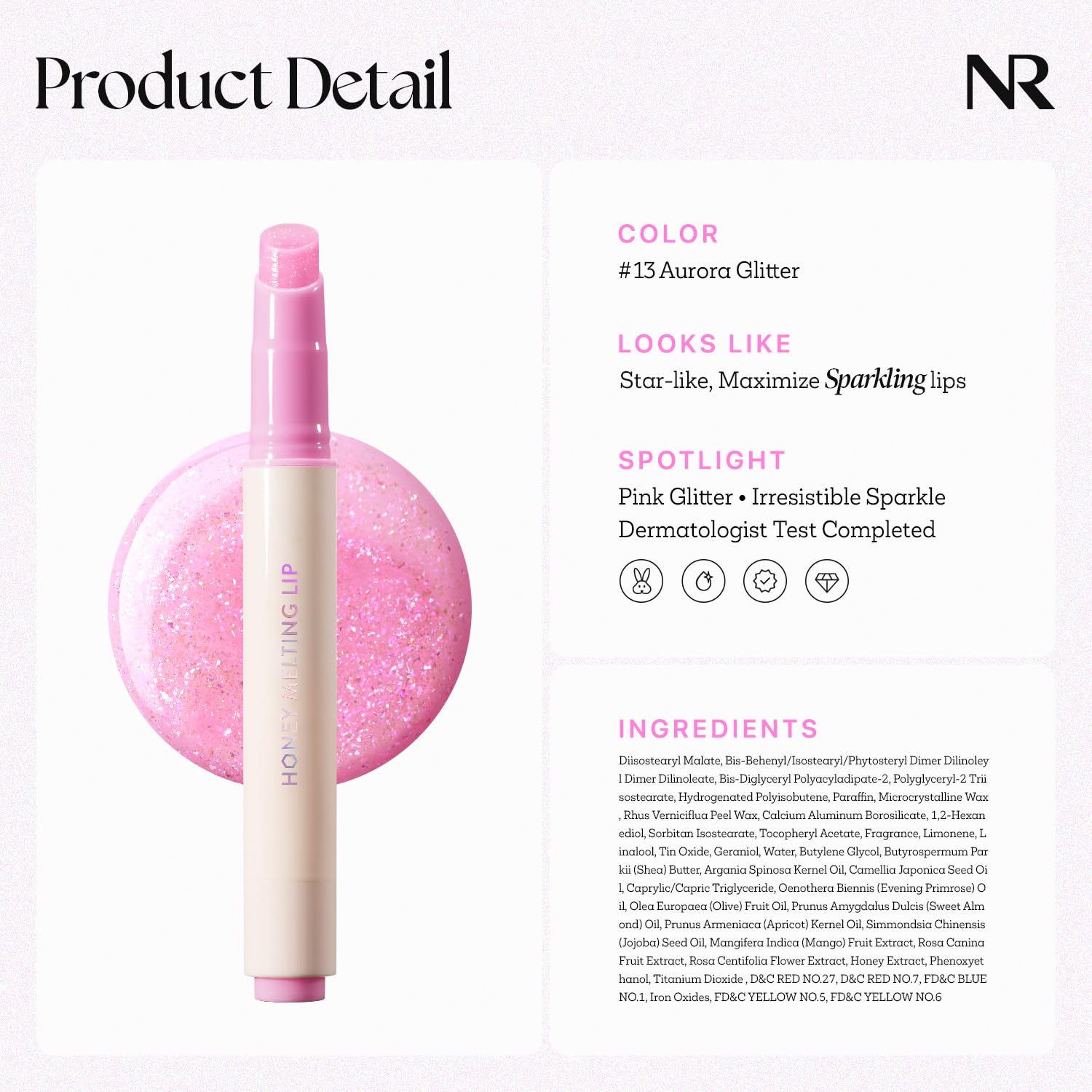 Nature Republic Honey Melting Lip Glitter 13 Aurora shade swatch on skin.