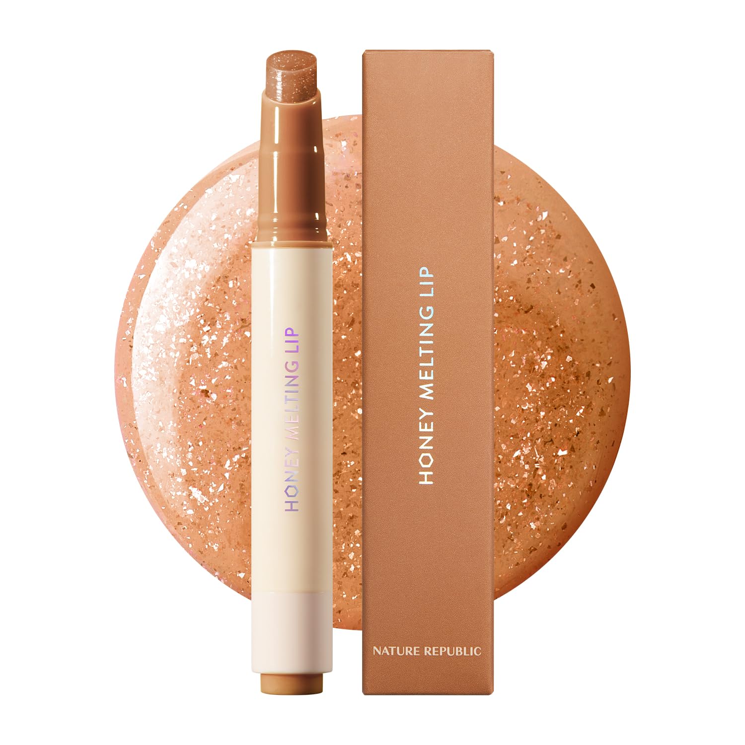 Nature Republic Honey Melting Lip Glitter 14 Maple packaging shows a glossy finish for radiant lips