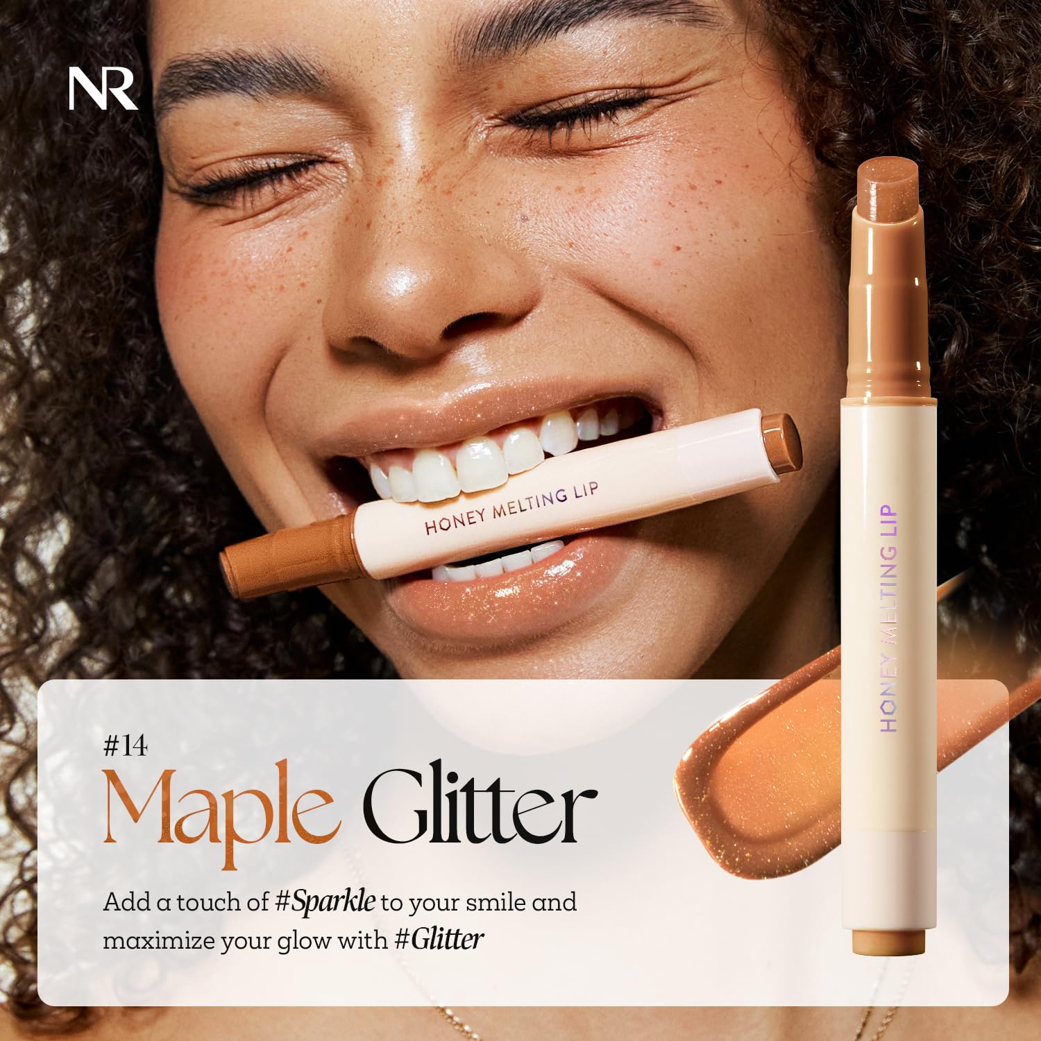 Nature Republic Honey Melting Lip Glitter 14 Maple wand demonstrates hygienic one click application
