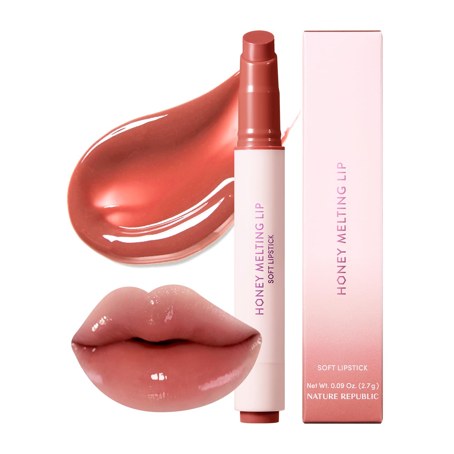 Nature Republic Honey Melting Lip in Rose Coral swirls delivers hydrated color for a glassy glow.