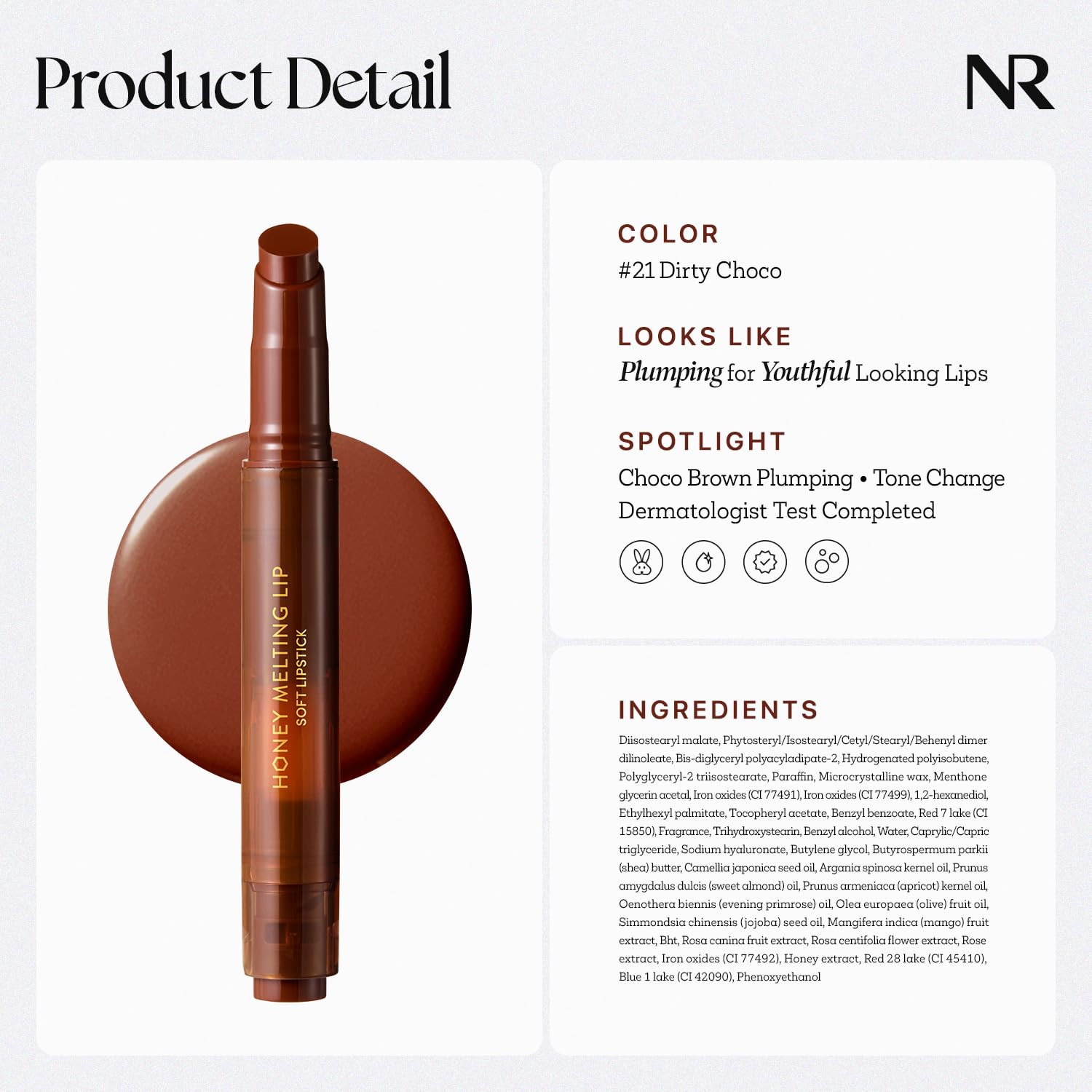 Nature Republic Labial Miel Derretida, acabado suave que hidrata ligeramente.