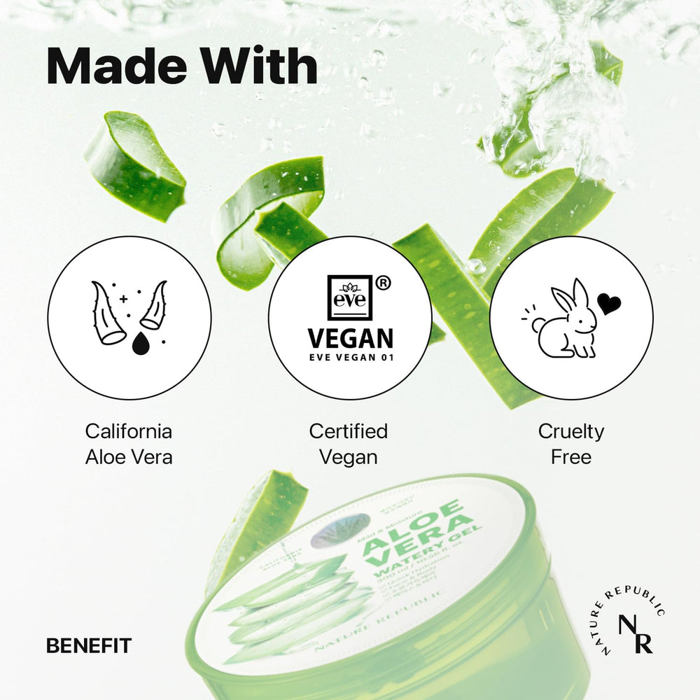 Nature Republic aloe vera gel applied to the face for refreshing moisture