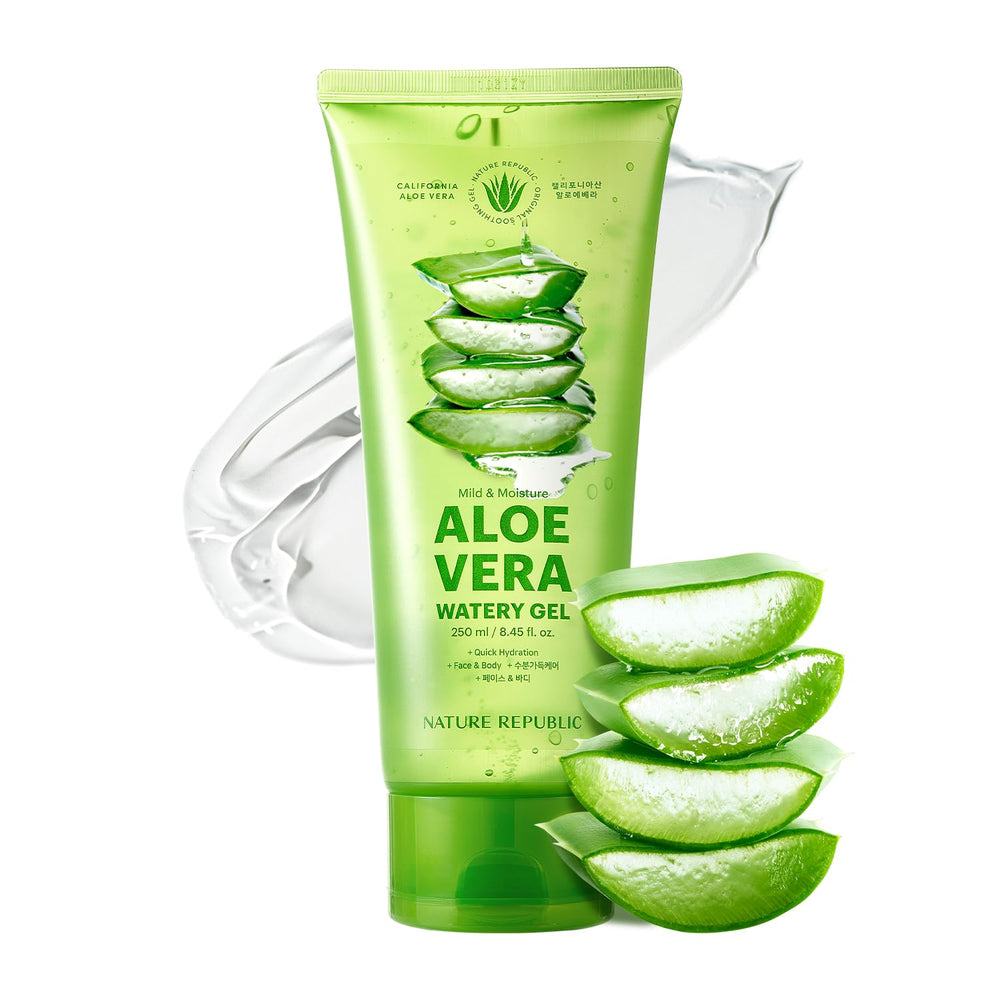 Nature Republic Aloe Vera Watery Gel tube pack shot emphasizes lightweight hydration.