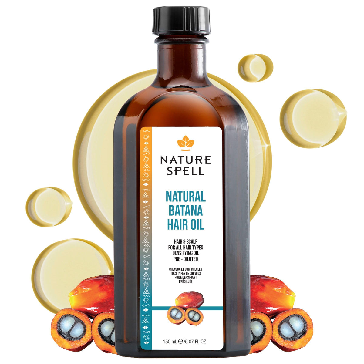 Nature Spell Batana Oil bottle foregrounds nourishing formula for all hair types.