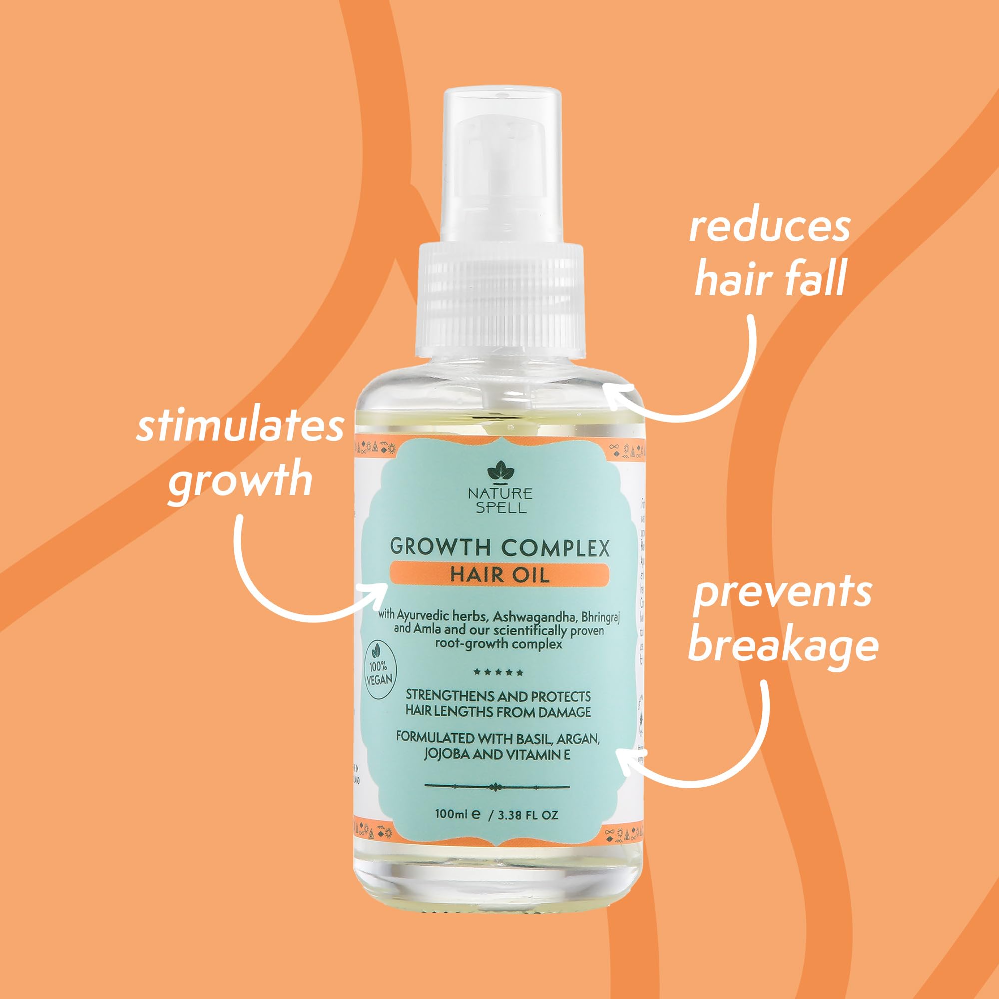 Nature Spell growth complex hair oil ingredients close-up emphasizes Ayurvedic herbs for vitality.