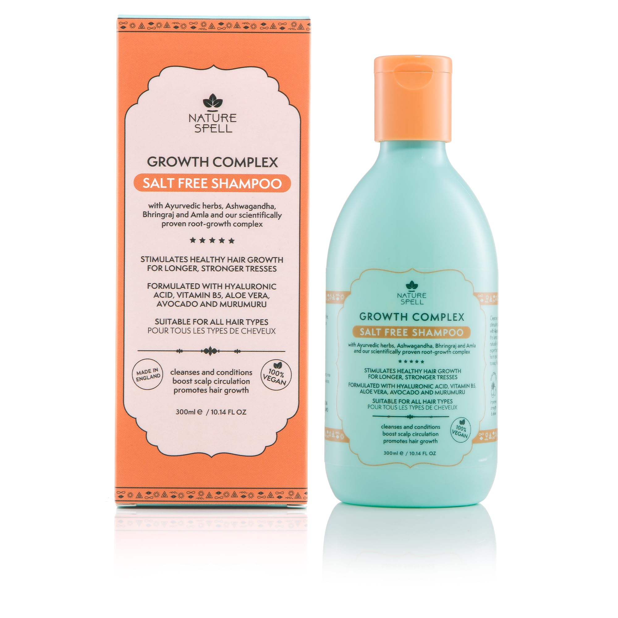 Nature Spell Hair Growth Shampoo packaging showcases vegan cruelty-free ethos and UK craftsmanship
