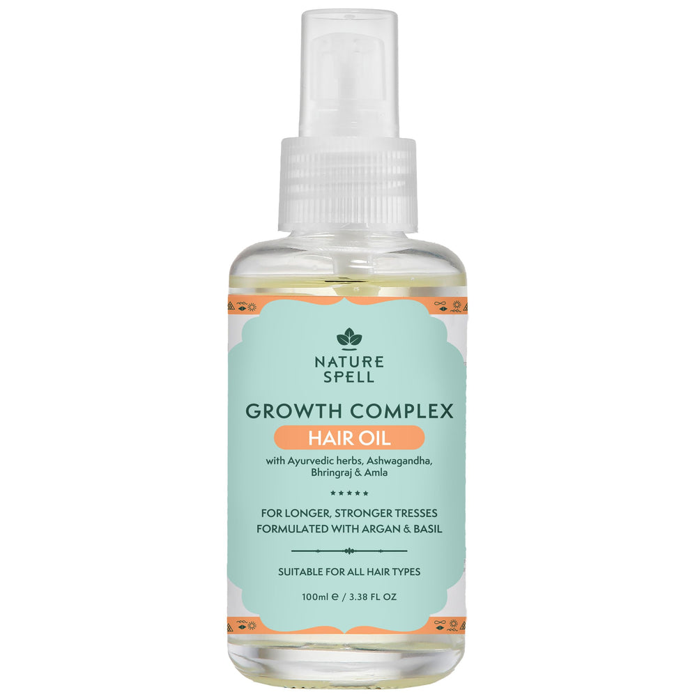 Nature Spell lightweight hair oil bottle highlights a lightweight formula for smoother, shinier hair.