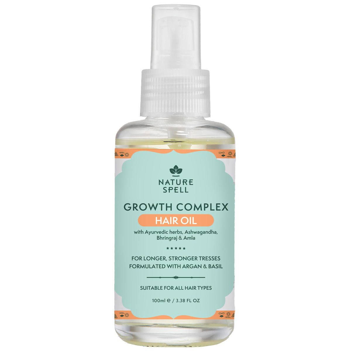 Nature Spell lightweight hair oil bottle highlights a lightweight formula for smoother, shinier hair.