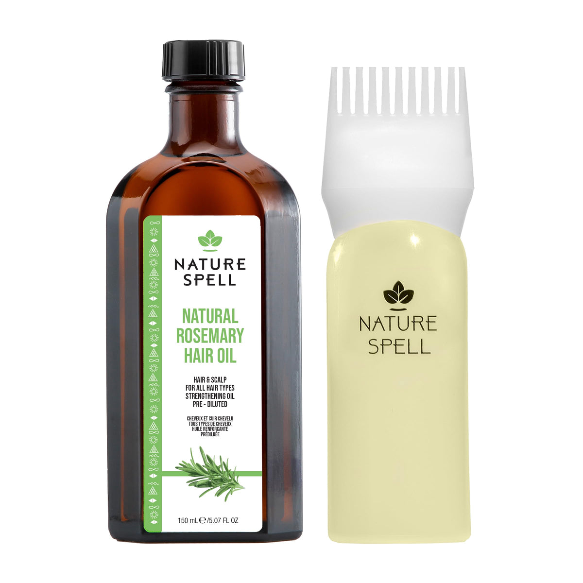 Nature Spell Rosemary Oil bottle closeup, pre-diluted for easy direct scalp application.