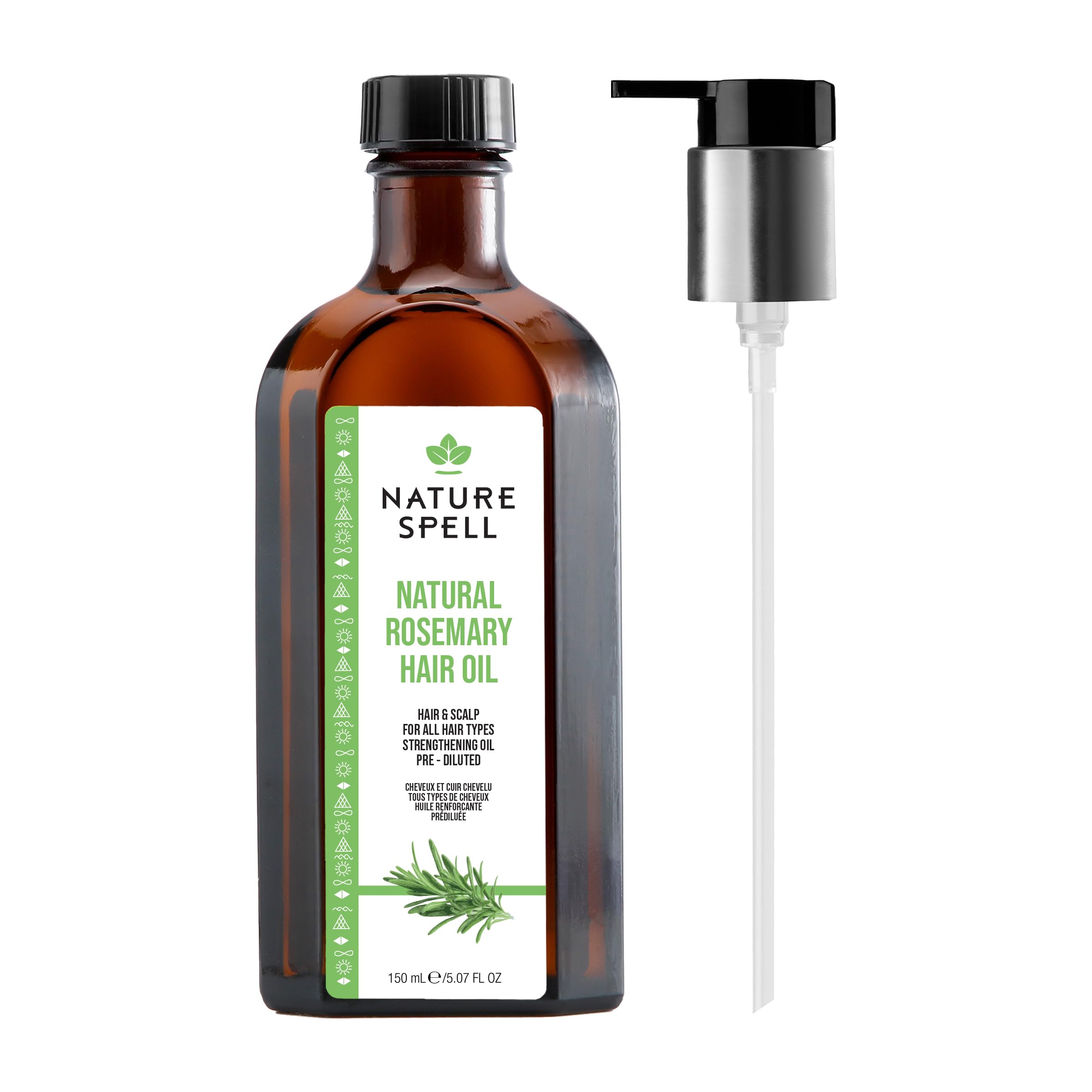 Nature Spell rosemary oil bottle shows a pre-diluted formula for safe scalp care.