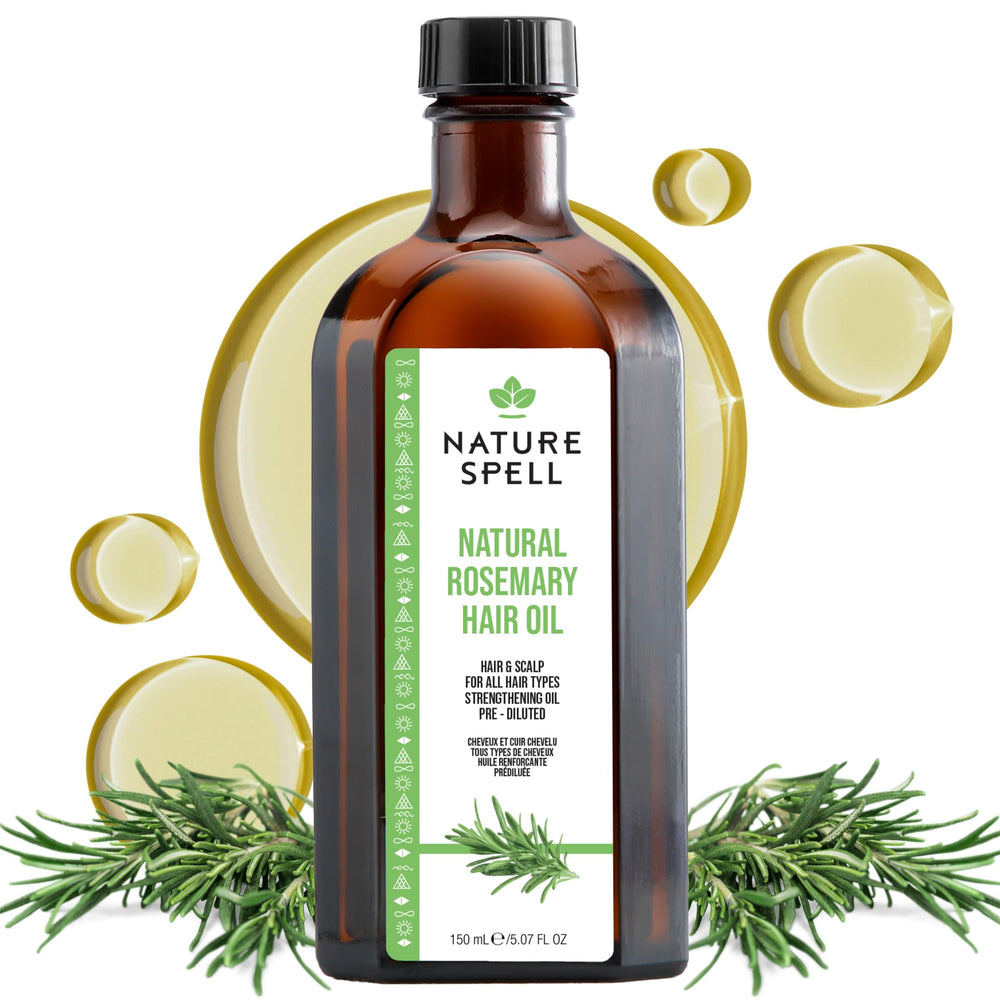 Nature Spell Rosemary Oil bottle shows a pre-diluted formula for direct scalp use.